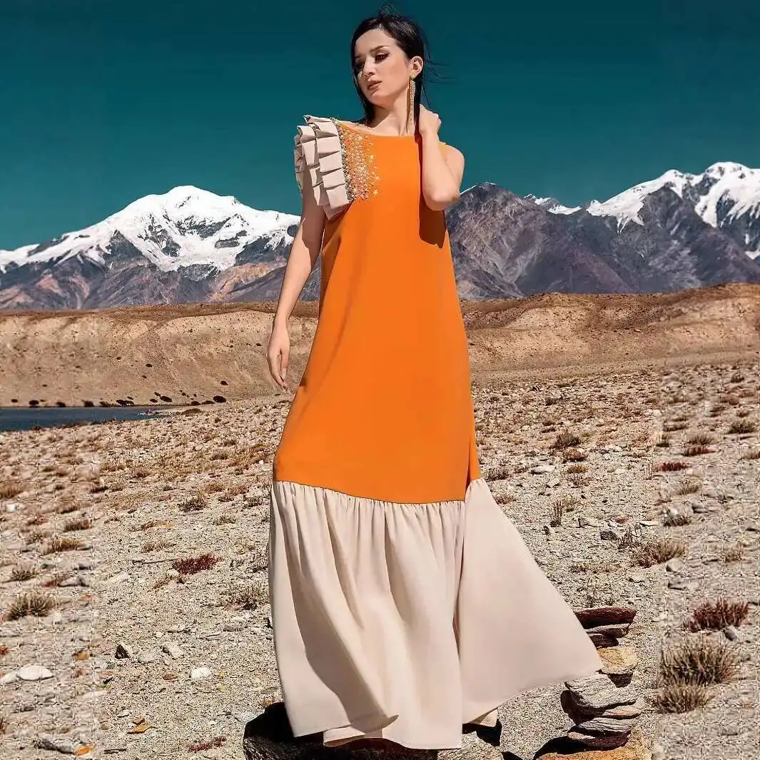 

Ba5238 Orange and Beige Color Block Ruffle Sleeveless Flared Dress for Women Robe Abaya Ramadan Dubai Luxury Islam Elegant