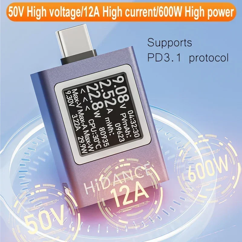 USB Type-C Tester LED Display Voltmeter Ammeter DC Current Voltage Meter Amperimetor Power Bank Charging Tester DC 4.5-50V 0-12A