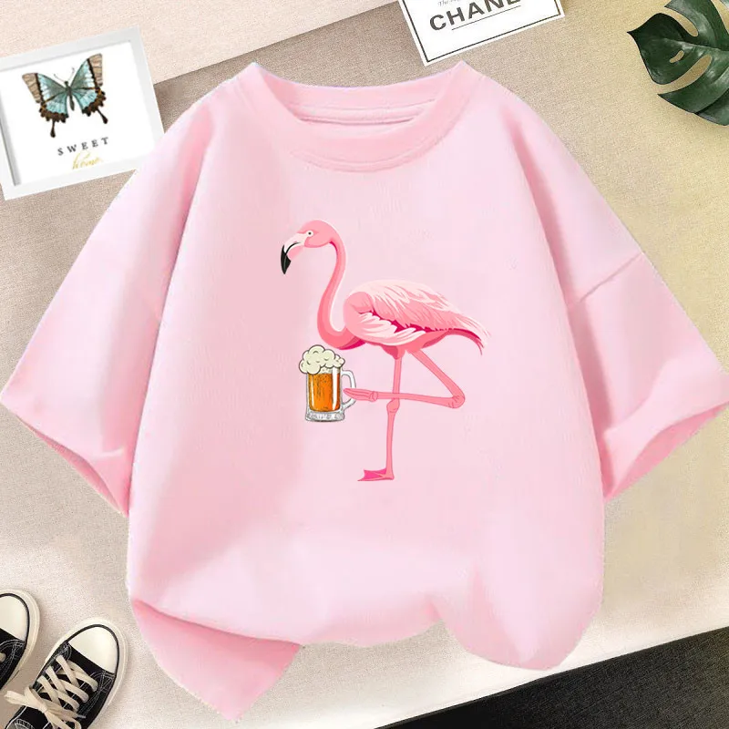 Summer Cute Kids T-shirt Flamingo Cartoon Print Graphic T Shirt Girls Kawaii Tops Fashion Design Clothes