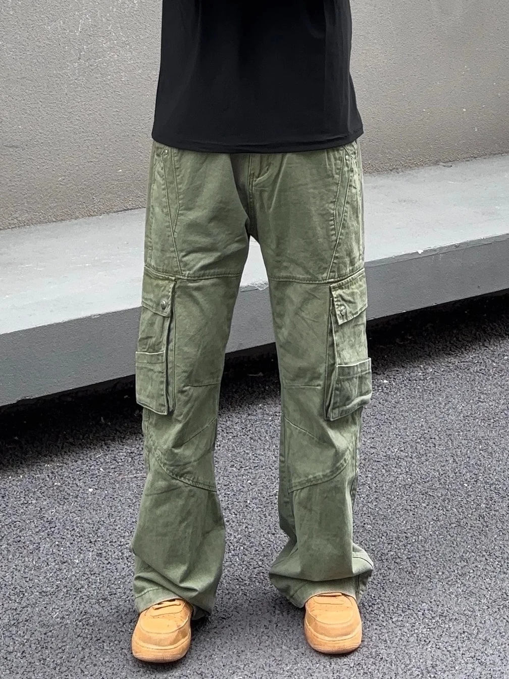 

Cleanfit American High Street Retro Patchwork Design Military Green Workwear Pants Men Slimming Casual Trousers Trendy