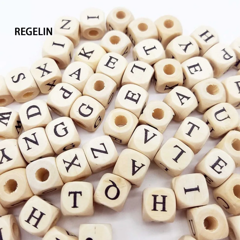 10mm 100pcs Square Natural Wooden Alphabet Beads A-Z 0-9 Letter beads for bracelets Spacer Baby Smooth Teether Jewelry Pacifier