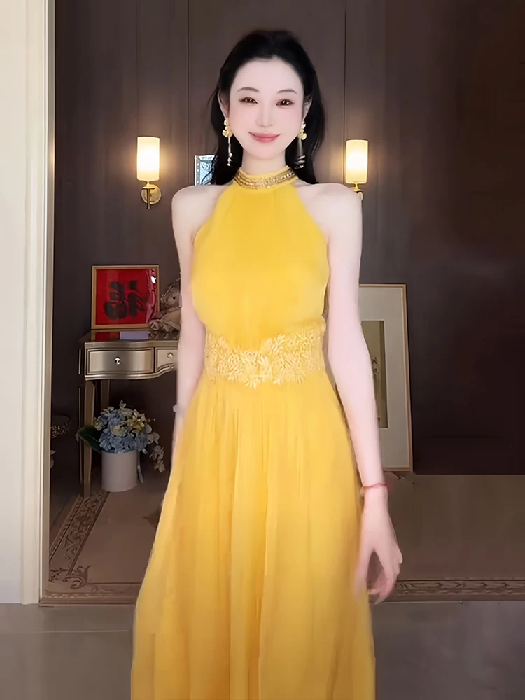 

French-style Banquet Stunning Yellow Sleeveless Sheer Dress2025New Style This Year's Trendy Vacation Dress