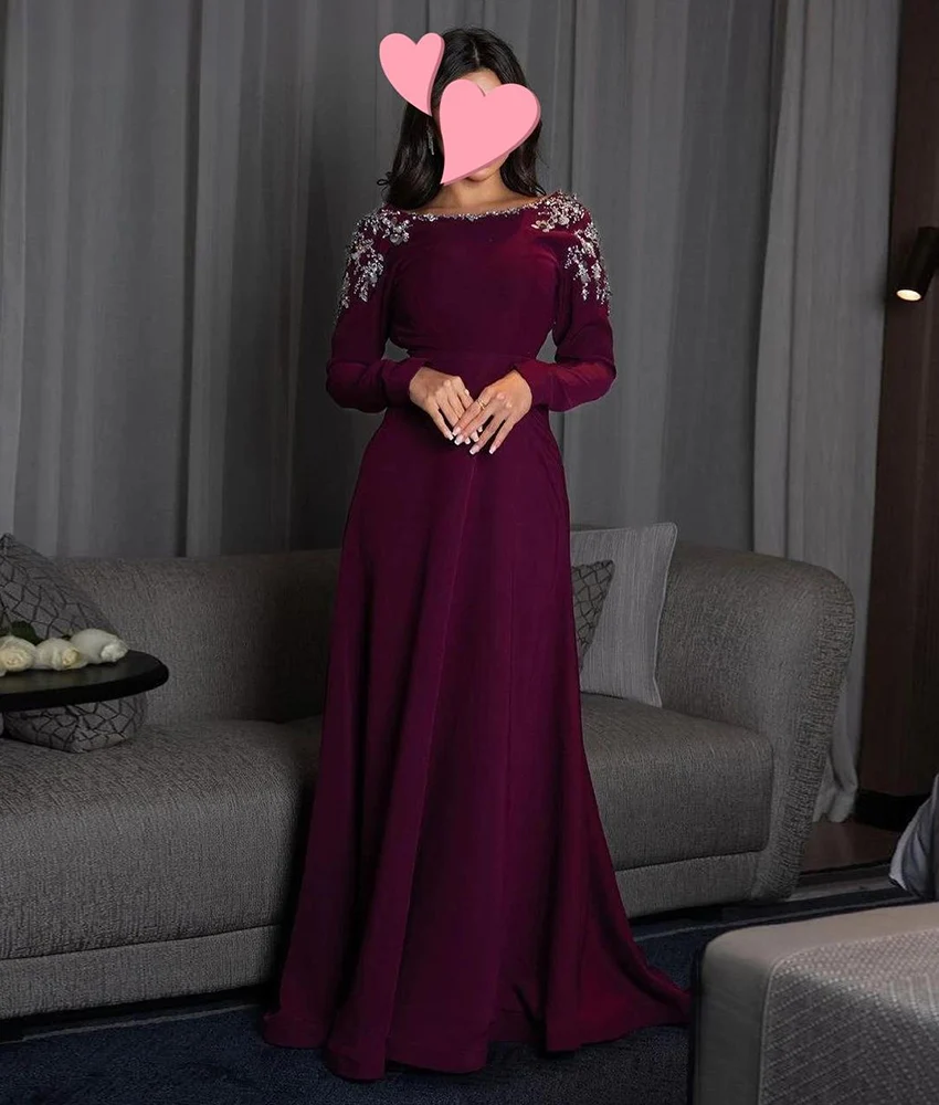 

Customized Delicate Jersey A-Line Sequined Beading Crystal Evening Dress Fashion Long Sleeves Floor Length Celebrity Gowns