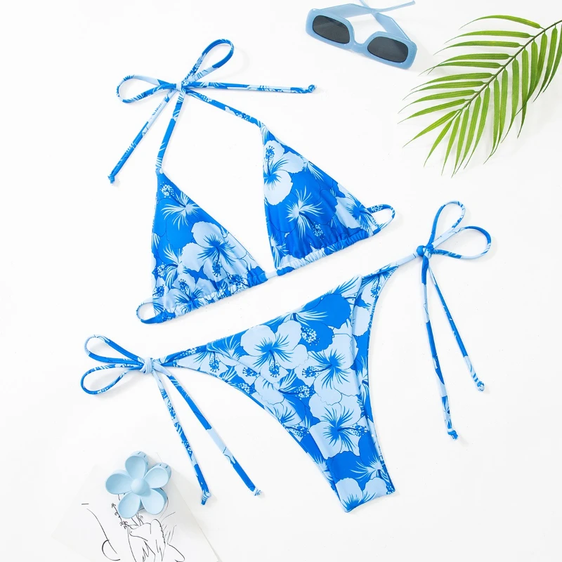 

Blue Classic Two-piece Flower Print Backless Sexy Unique Tie-dye Swimsuit