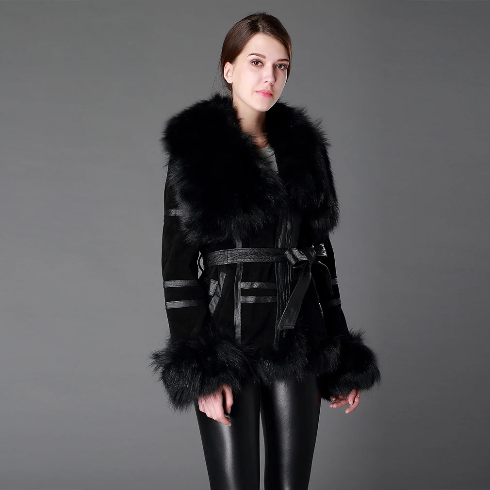 Women Genuine Leather Coat Fox Fur Collar Cuffs and Hem Black Jacket Fur Story FS13055