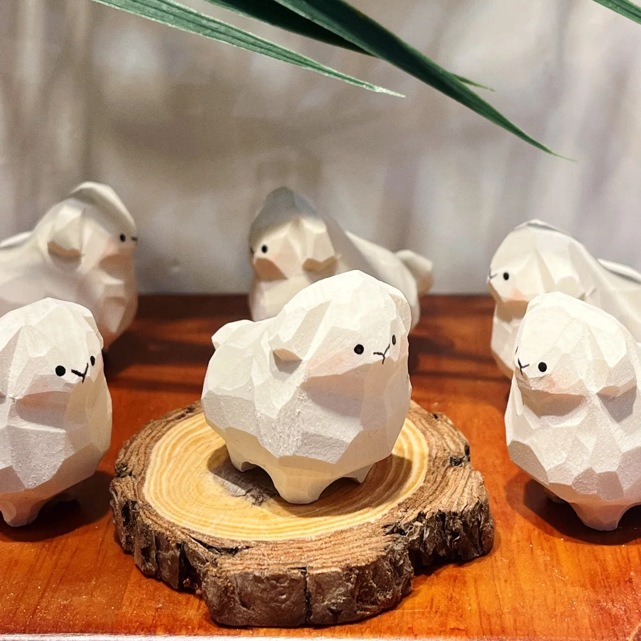 Cute Wooden White Sheep Ornament Handmade Carved Basswood Figurines for Home Office Desktop Decorations Crafts Pet Lover Gift