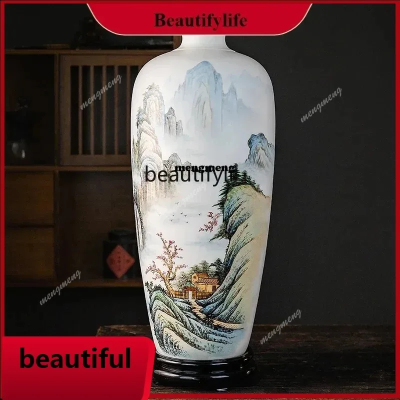 Cy Mutton Fat Jade Hand Painted Yunshan Waterfall Landscape Vase Decoration Chinese Living Room Solid Wood Home SquareX