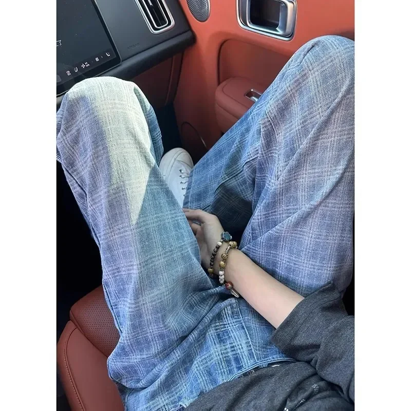 Fmxires New American Retro Blue Plaid Men's Summer Thin Design High Waist Loose Wide Leg Jeans Casual Comfortable Fashionable