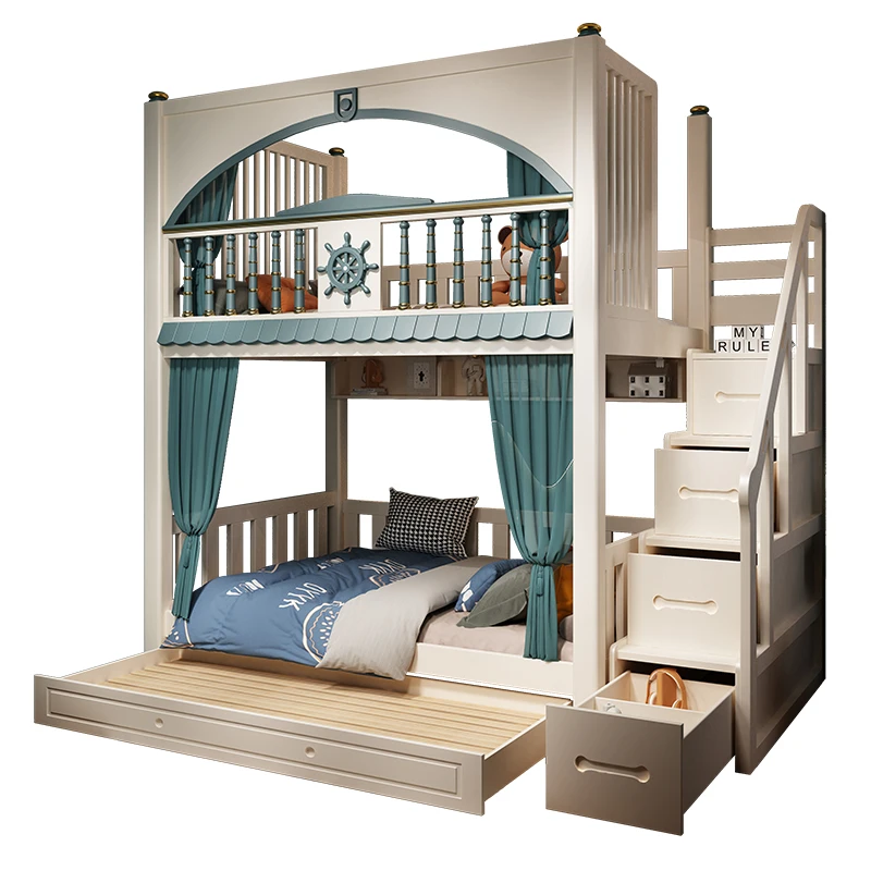 

Upper and lower bunk beds, all solid wood children's room , boys customized double high and low beds