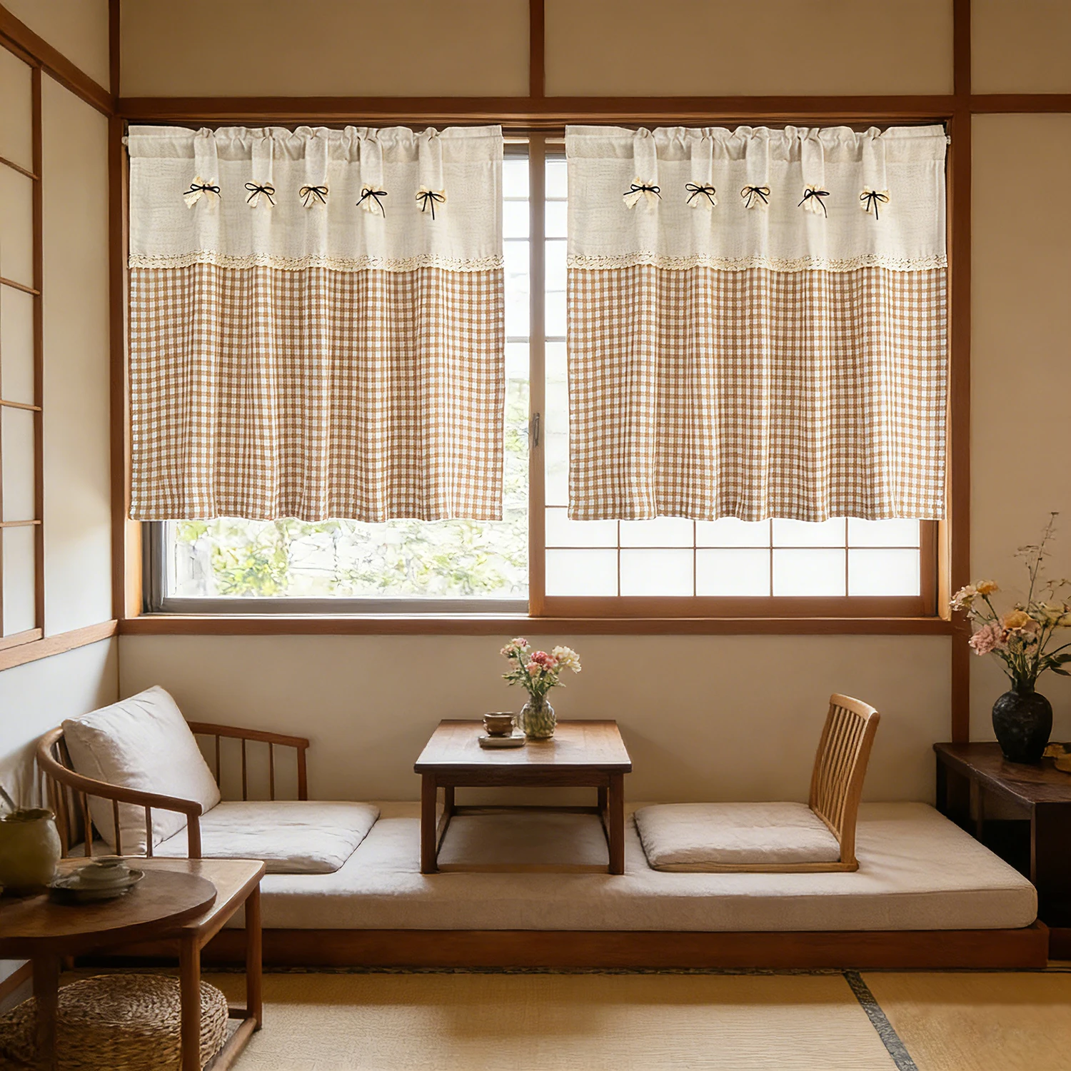 

2PCS Retro Apricot Lattice Bow Stitching Short Curtain for Kitchen Door Small Window Study Home Decoration Blinds