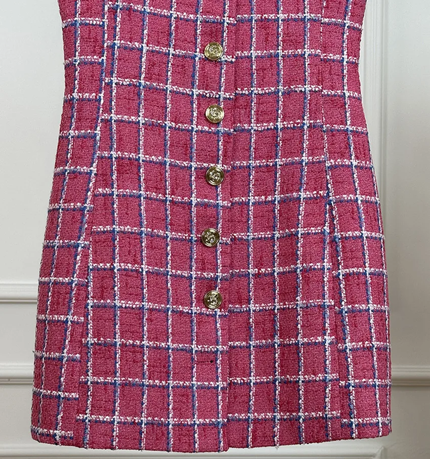 High Quality 2024 New Autumn Rose Red Plaid Tweed Single Breasted Dress Fashion Sweet Women Spaghetti Strap Casual Loose Vestido image 6