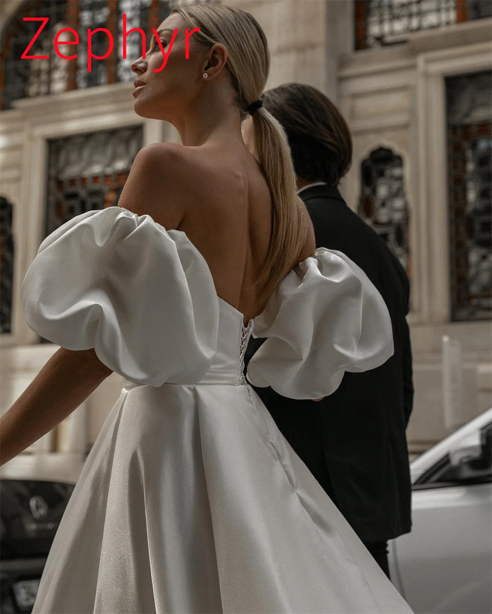 Vestido de novia de satén blanco elegante personalizado, exquisito, sin tirantes, manga desmontable, manga corta, tren capilla, vestidos de novia