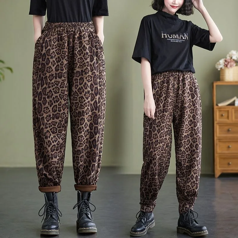 

Extra-large Size 145KG Autumn New Harem Sweatpants Female Loose Elastic Waist Elastic Radish Casual Pantalones Leopard Trousers
