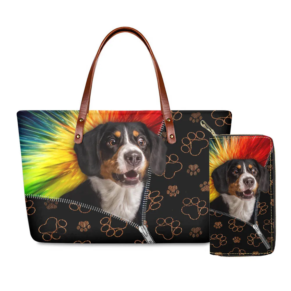 HYCOOL Animal Dog Design Custom Print Women Handbag& Wallet Set Casual Outdoor Tote Shoulder Hand Bags Ladies Money Purses