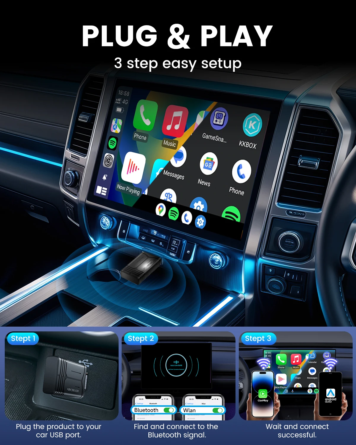 2026 NEW Wireless CarPlay Adapter 2-in-1 Wired to Wireless Dongle for Apple & Android Auto Plug and Play Universal Car Accessory view 3
