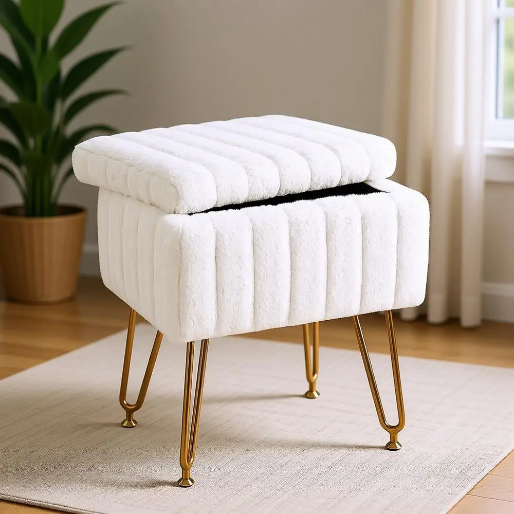 

Белый табурет для хранения с мягким сиденьем, 4 металлические ножки, противоскользящий, регулируемая высота для макияжа и прихожей