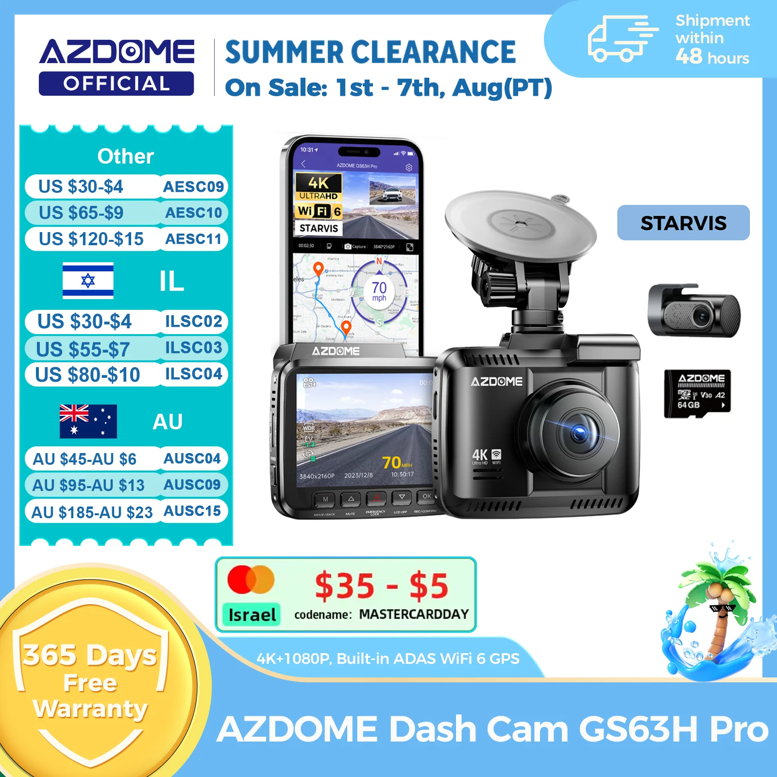 AZDOME 대시 캠 GS63H 프로 4K+1080P 2.4인치 IPS 스크린 150 ° FOV 내장 ADAS WiFi 6 GPS 차량용 DVR G-센서 24H 주차 모니터 카메라