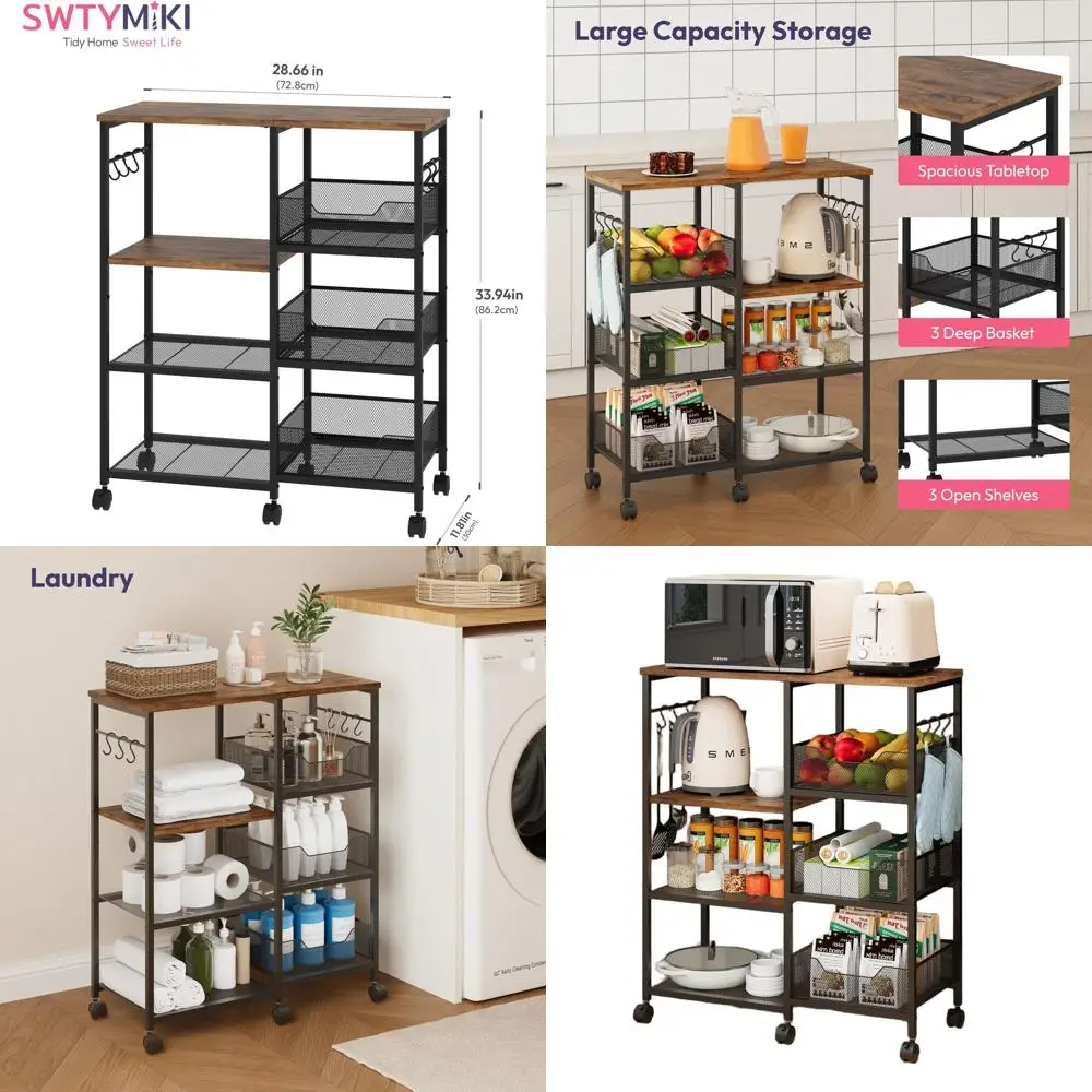 

4-уровневая передвижная кухонная тележка-островок с местом для хранения, съемными крючками и фиксирующимися колесиками