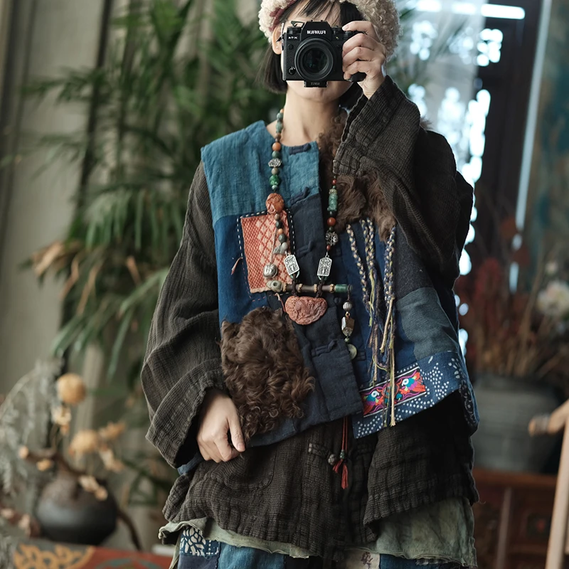 Handmade Women Cotton Linen Vest Coats New 2025 Autumn Vintage Style Patchwork Color Female Sleeveless Basics Jackets M2190