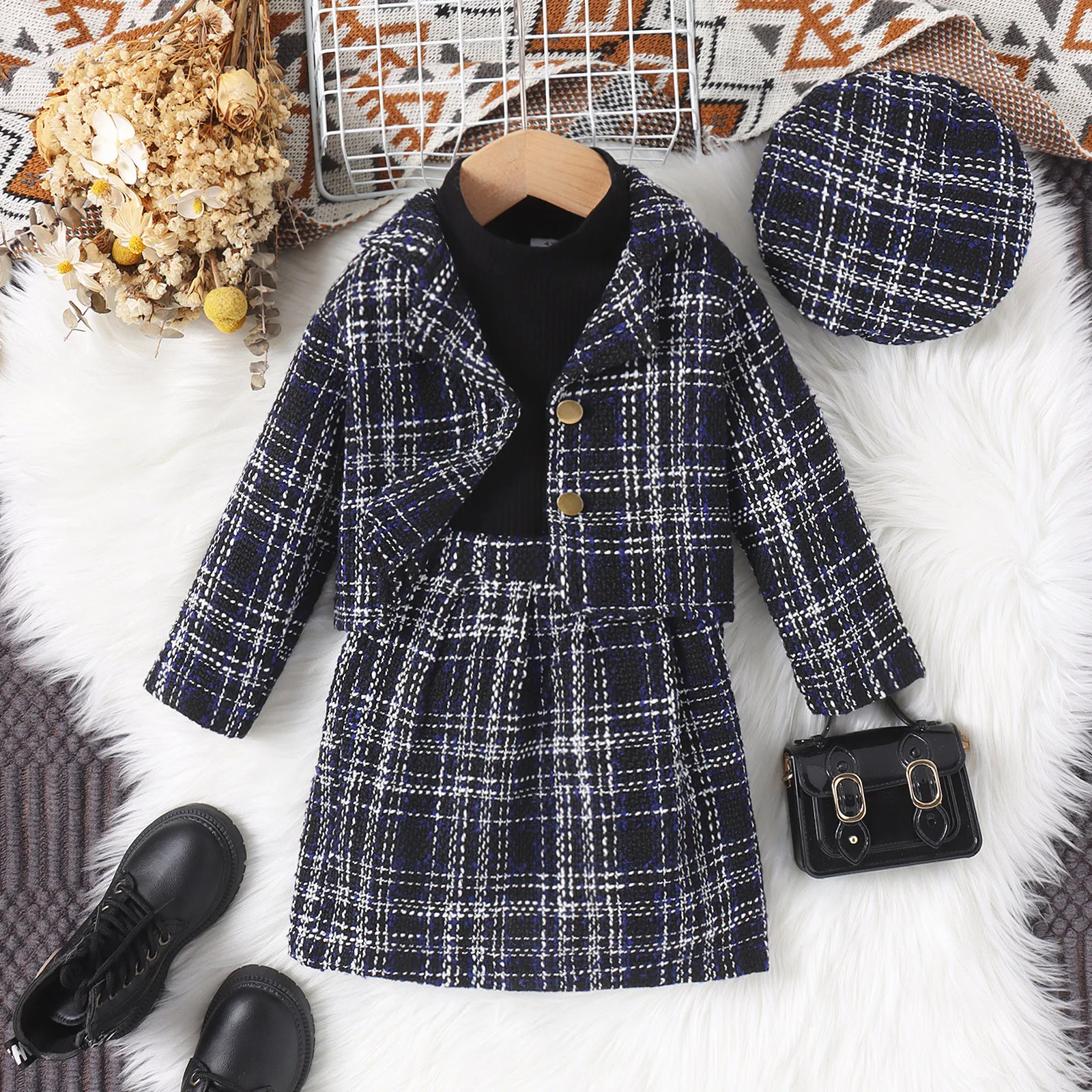 2023 Autumn Winter New Girls High-neck Long-sleeved Top+Tweed Suit Jacket+Skirt+Beret 4Pieces Set Casual Kids Clothing Age 3T-8T