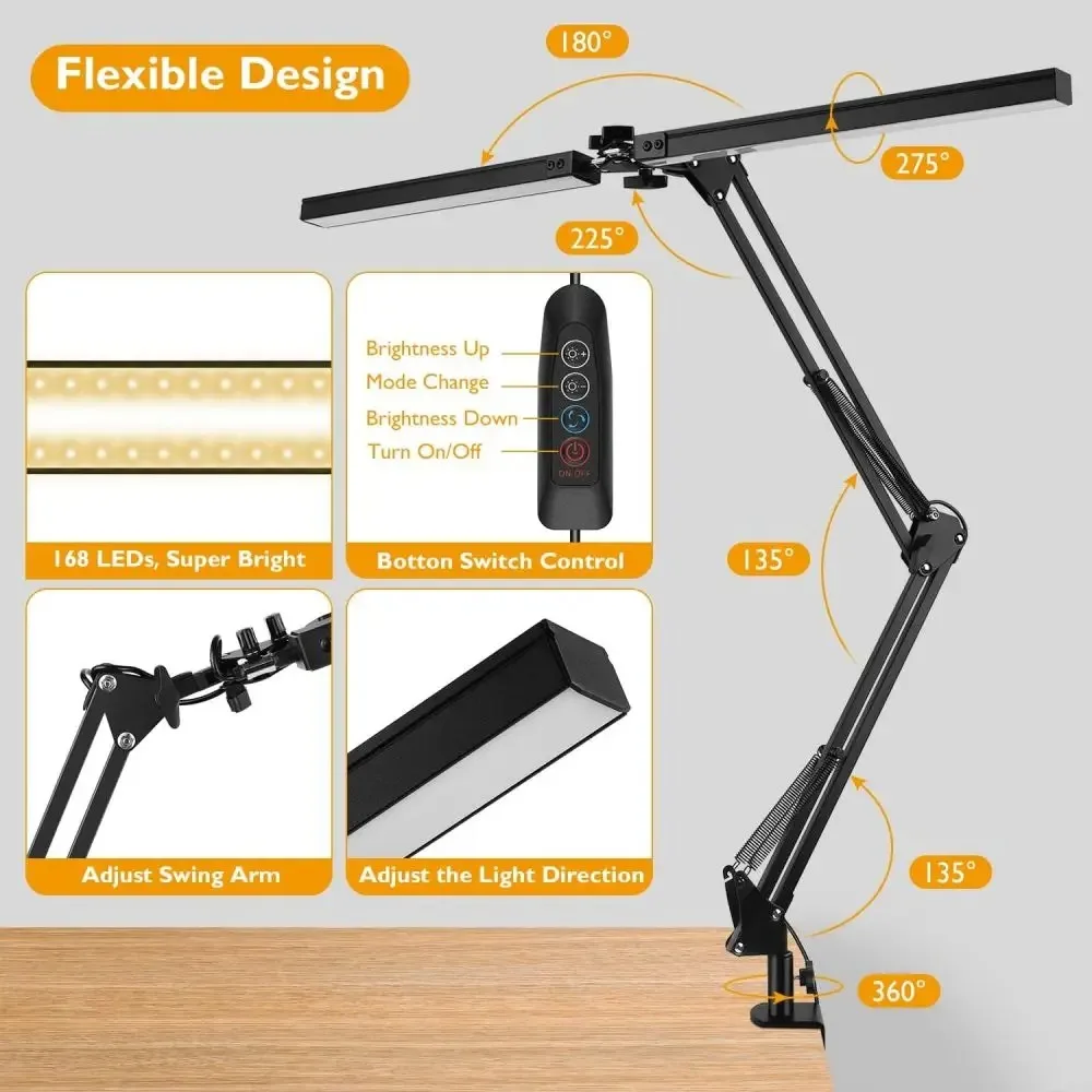 Single/Double Head LED Swing Arm Desk Lamp With Clamp Flexible Stepless Dimmable Eye-Care For Home Office Study Reading Lighting