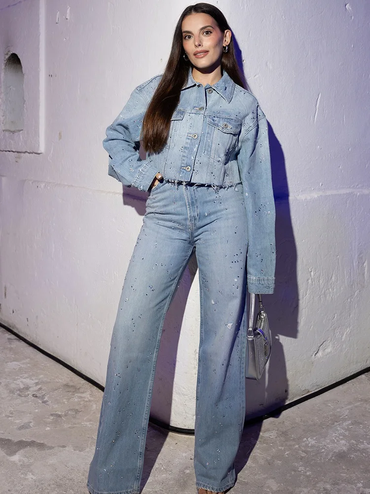 Damskie koszule z długim rękawem, zapinane na guziki, ze stójką, wiązane, luźne + spodnie z szerokimi nogawkami, z elastyczną talią i kieszeniami, jesienne, jednolite, 2 sztuki