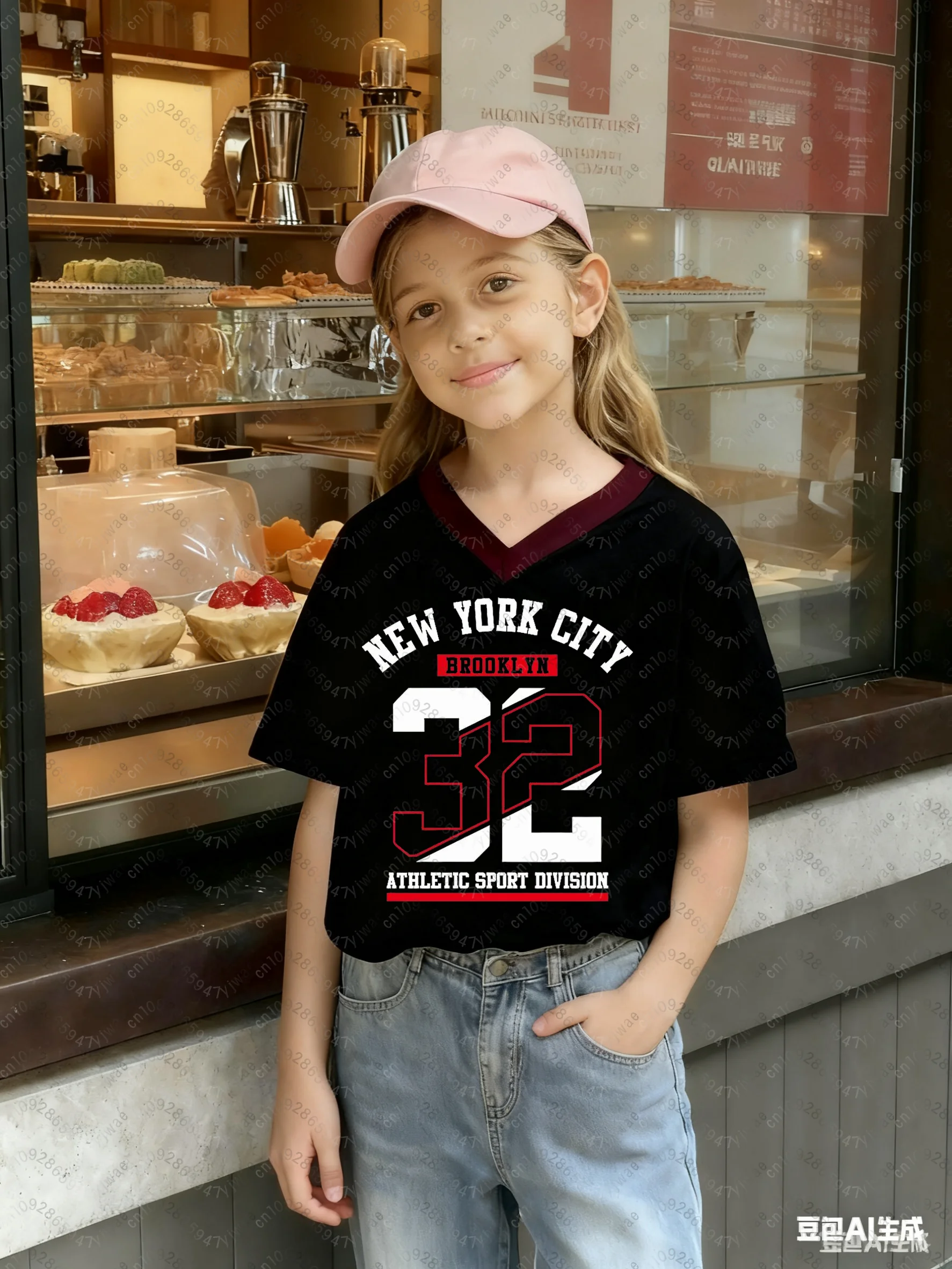 Girls Casual Sports Style NEW YORK NO.32 Print Short Sleeve V-Neck Women's Children Men's Boy's Parent child T-shirt Tops