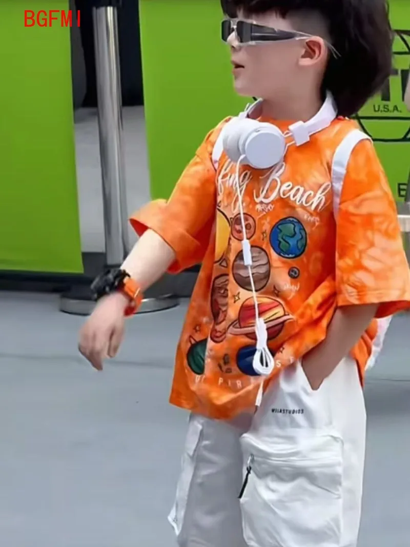Sommer kinder Kostüm Mode Jungen Kleidung Neue Cartoon Gedruckt Orange Kurzarm T-shirt Weiß Overalls Shorts 2 stücke Set