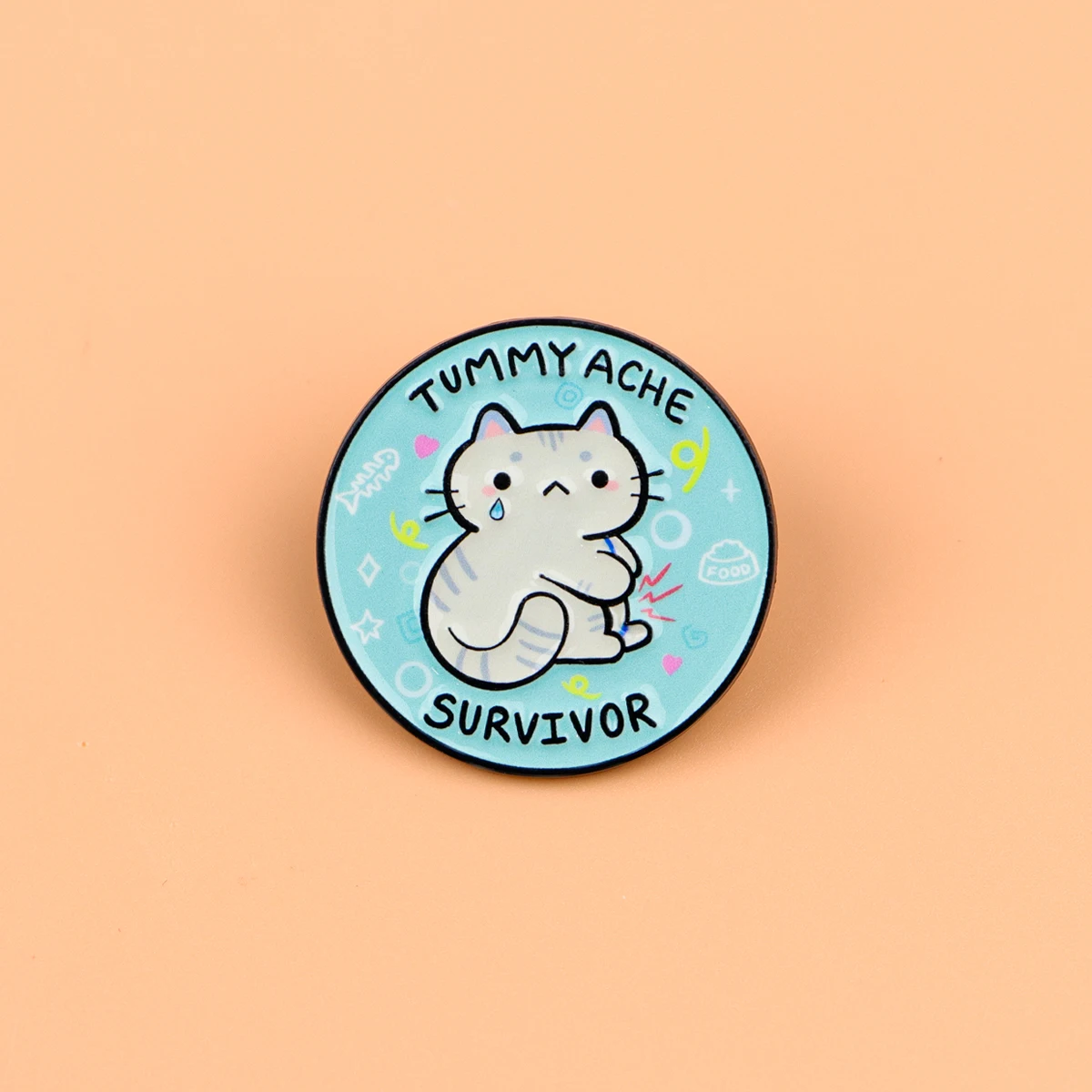 TUMMY ACHE SURVIVOR Enamel Pin Cute Cat Brooch Lapel Pins Badge on Backpack Clothing Accessories Fashion Jewelry Friends Gifts