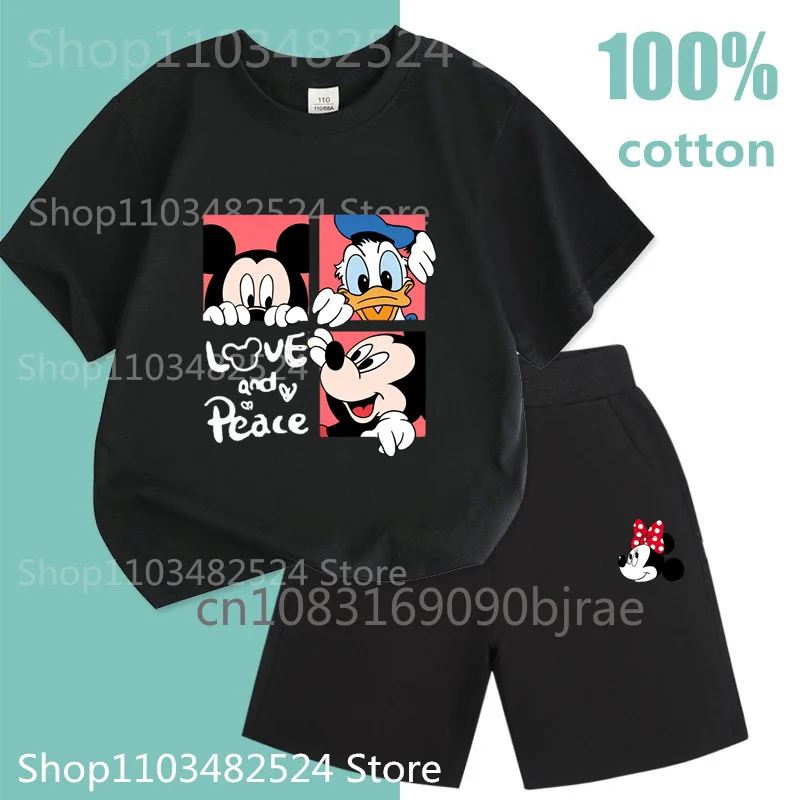 Summer Fashion Kids Disney Mikey Mikey House Pattern Print T-shirt 100% Cotton Sets Casual Boy Round Neck Short Sleeve Girl Sets