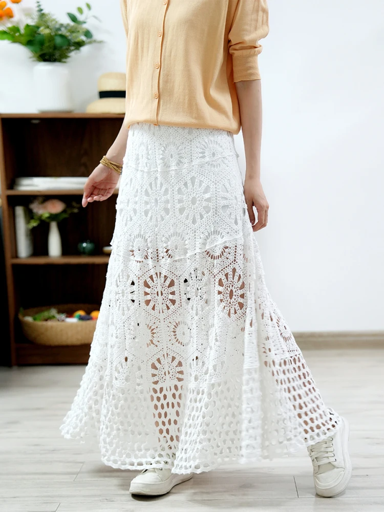 TIYIHAILEY Long Maxi Women Crochet Lace Skirts New Fashion A-line Elastic High Elastic Waist 2025 Flowers Beige White Ladies