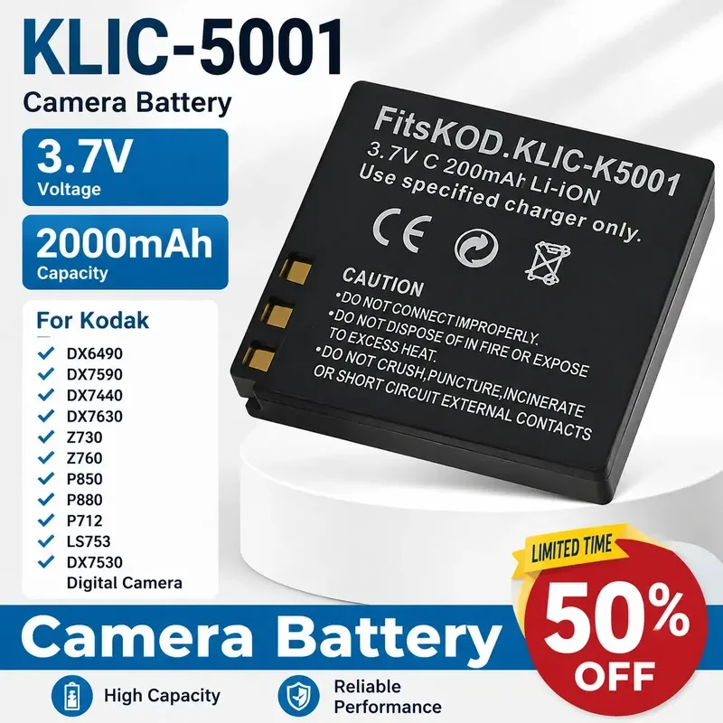 

KLIC-5001 Camera Battery 3.7V 2000mAh for Kodak DX6490 DX7590 DX7440 DX7630 Z730 Z760 P850 P880 P712 LS753 DX7530 Digital
