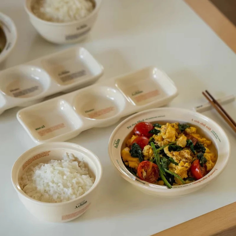 Ceramic Plate Set Oval Plates Korean Simple Letter Printing Breakfast Fat-reducing Meal Dishes Three-plate Kitchen Tableware Set