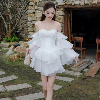 Özelleştirilmiş Seksi Modern Stil Organze Plise Dantelli Katmanlı A-line Off-Omuz A-line Kısa Elbiseler Ismarlama Durum Elbiseleri