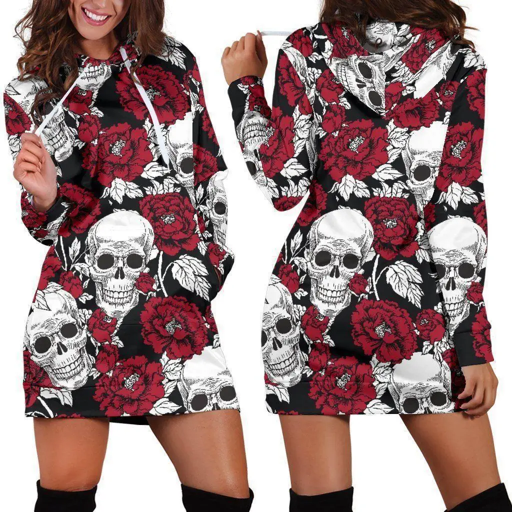 Autumn Winter Women Skull Hoodies Dress Halloween Long Sleeve Pullover Hooded Sweatshirts Women's Y2k Clothes