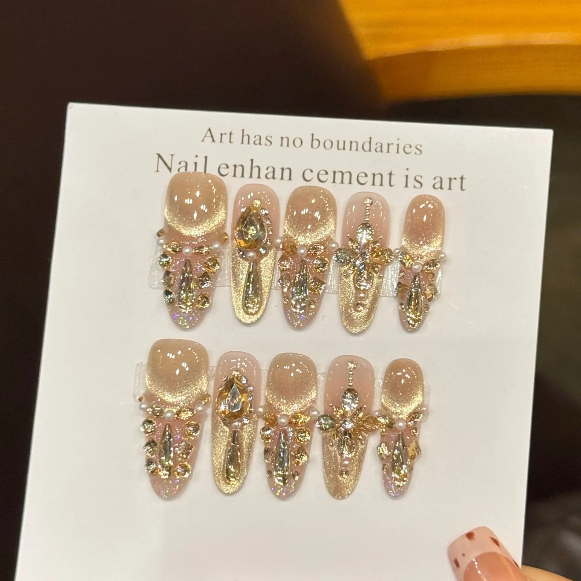

10 шт. роскошные длинные овальные ногти ручной работы с блестками «кошачий глаз», полное покрытие, дизайн со стразами цвета шампанского, накладные ногти, носимые ногти