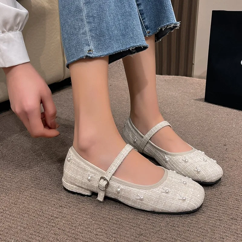 Retro Shallow Mouth Low Heel Mary Jane Round Toe Single Shoes Female 2023new Fashion Casual Simple Pearl Shoes for Women Spring