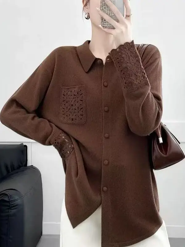 Autumn Winter Long Sve  Collar Thermal Slim Fit Base irt Hollow out ket Splicing Sve European Sle Vintage Fa...