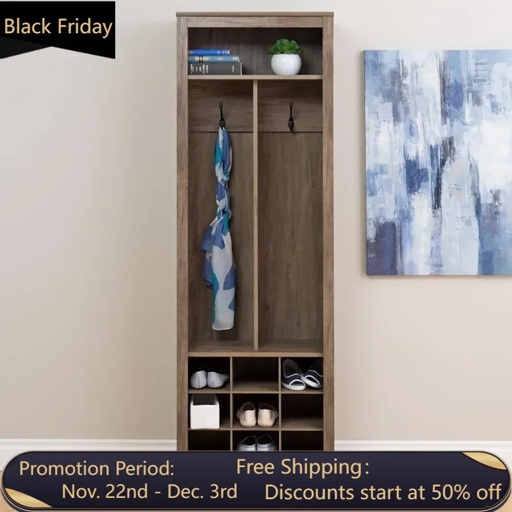 Space-Saving Entryway Organizer, with Shoe Storage, 2 Strong Double Coat Hooks 1 Open Upper Shelf Drifted Gray