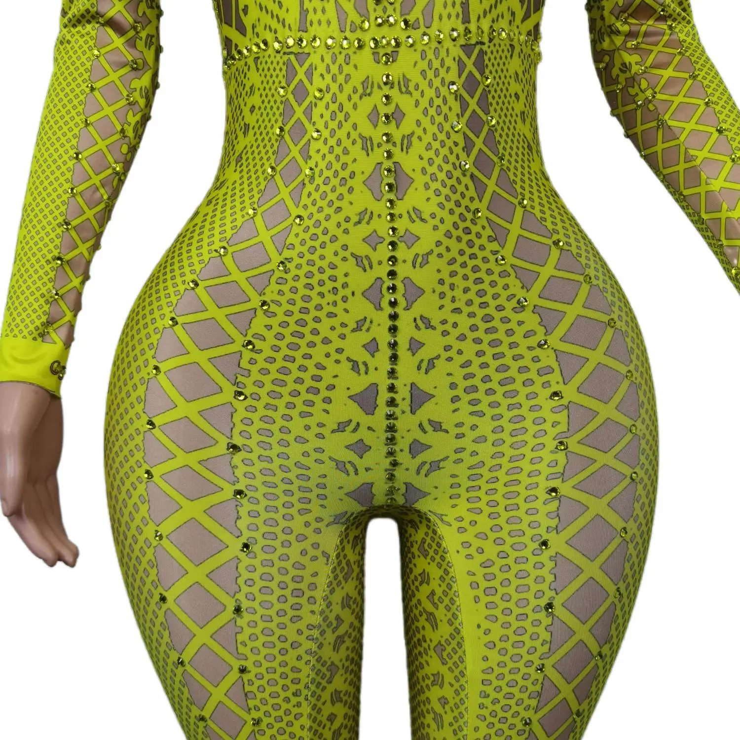 Woman Rhinestones Pattern Printing Tights Yellow Jumpsuit Turtleneck Long Sleeve Leotard Party Evening Costume Stage Wear Lianti