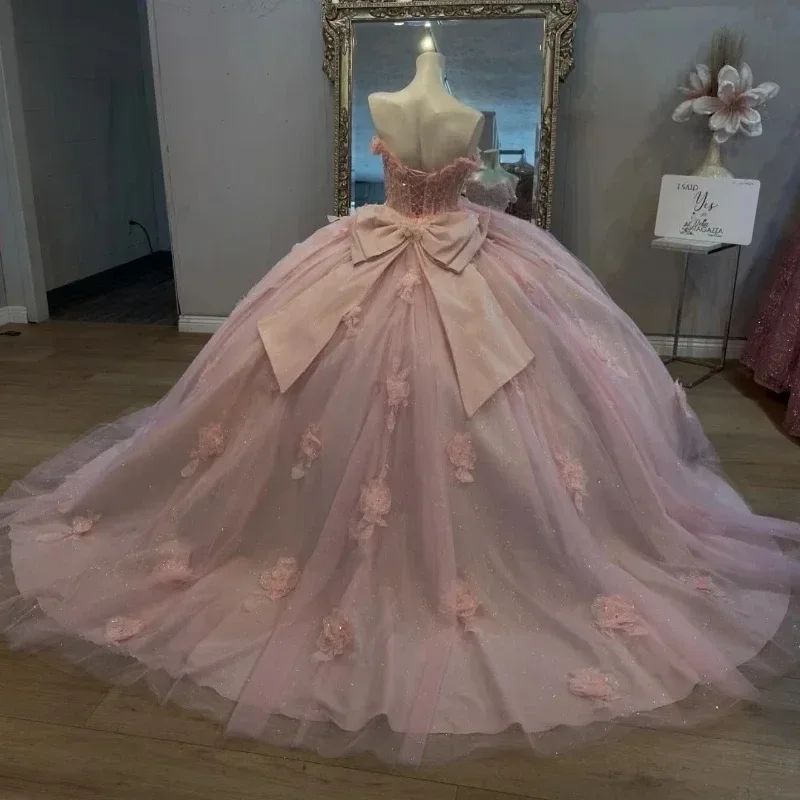 Vestido para quinceañeras De tul rosa con hombros descubiertos, personalizado, con lazo, apliques De encaje, vestido De graduación para mujer, Vestidos De quinceañera Sweetheart