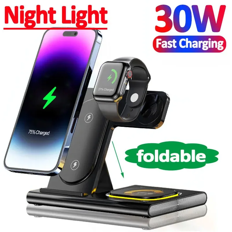 แท่นชาร์จไร้สาย 30W 3 ใน 1 สําหรับ iPhone 14 13 12 PRO MAX Apple Watch 8 7 Samsung Watch 5 Airpods Fast CHARGING Dock Station