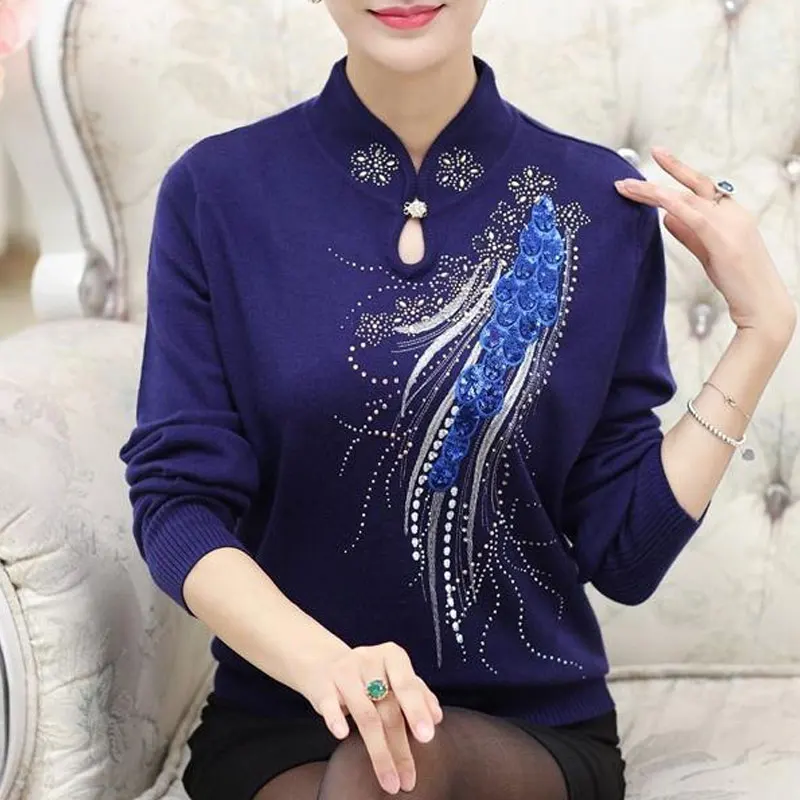 Fashion Stand Collar Knitted Sweaters Female Clothing Folk Floral Diamonds Elegant Autumn Winter New Long Sleeve Knitted Jumpers