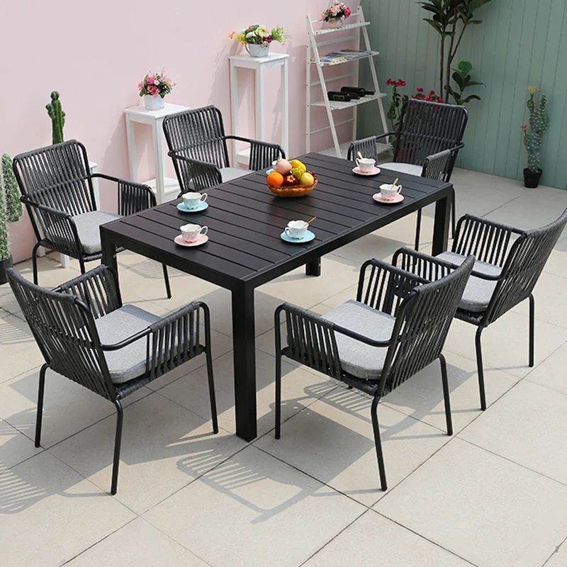 Outdoor Table Set Terrace Solid Wood Patio Waterproof Simple Modern Balcony Rope Woven Creative Rattan Chairs Garden