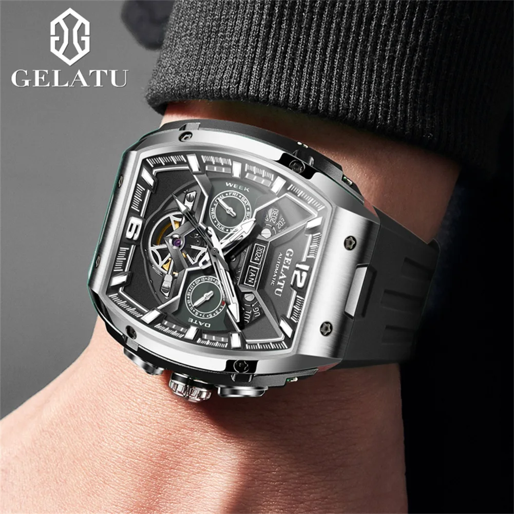 GELATU 6013 Auto Date Mechanical Watch For Men Hollow Skeleton Big Dial Silicone Strap Hand Clock Waterproof Original Man Watch