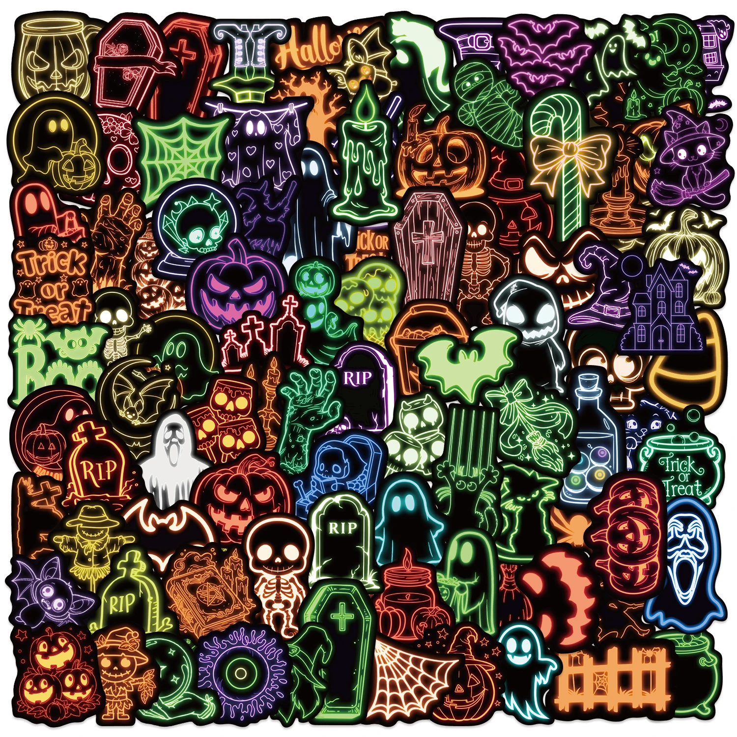 50/100PCS Nieuwe Neon Halloween Sticker Pack Spooky Horror Decals voor Waterflessen Feestartikelen Herbruikbare Zelfklevende stickers