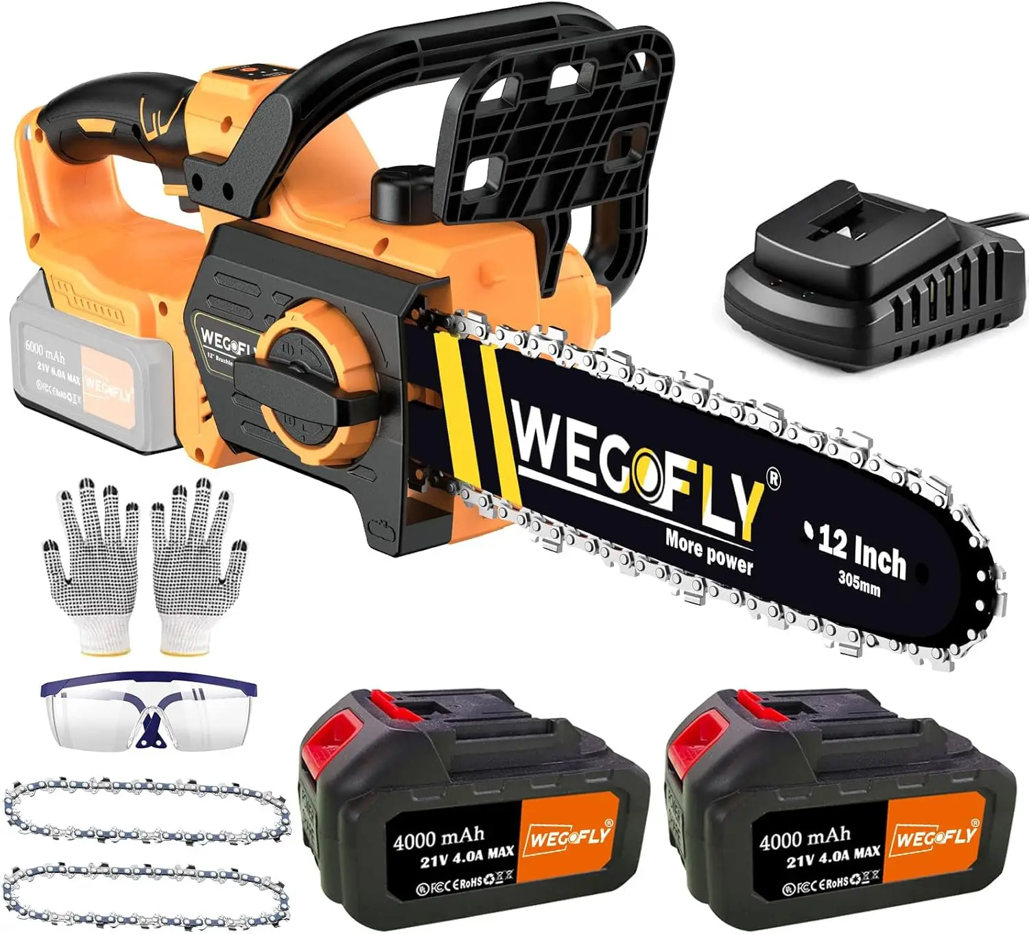 12-Inch Electric Chainsaw Kit, (2 X 21V 4.0Ah Battery And Charger) Cordless Chainsaw With With Tool-Free Chain Tension & Auto