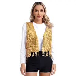 Gilet da donna Glitter nappa gilet senza maniche con scollo a V aperto davanti lucido paillettes gilet per Jazz Dancing Music Festival Clubwear