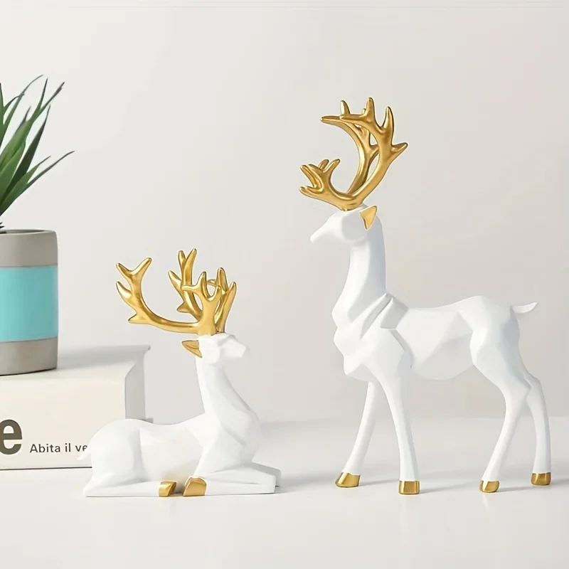 White Golden Elk Reindeer Ornament Resin Statue Art Craft for TV Cabinet Bookshelf Office Cafe Decor Winter Christmas Decor