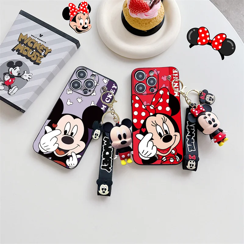 Disney Minnie Mickey Mouse Phone Case With Keychain Pendant For iPhone 15 14 13 12 11 XS XR X 8 7 Pro Max Plus Cute Back Cover